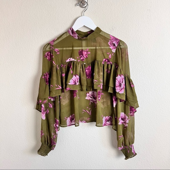 Olive Green & Fuchsia Floral Long Sleeve Ruffle Ruched Layered Blouse - Picture 6 of 13